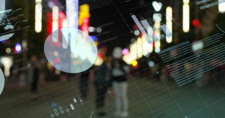 Financial data and charts image over blurred city lights background. Finance, analytics, technology,...