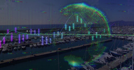 Image of financial data processing over sea port and globe. Global shipping, business, connections,...