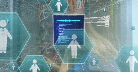 Image of data processing and icons over caucasian businesswoman in server room. Global technology,...