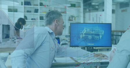 Image of financial data processing over diverse architects in office. Global finance, business,...