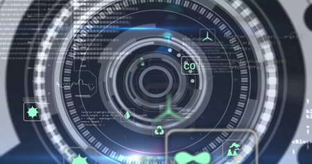 Futuristic circular interface with coding and data processing image. Technology, digital, software,...