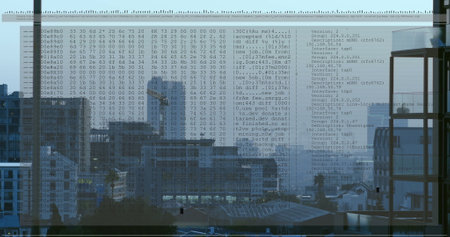 Image of digital data processing over cityscape. Global connections, computing and data processing...