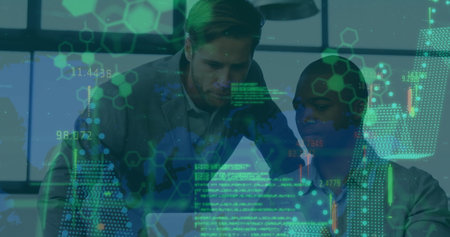 Image of financial data processing over diverse business people in office. Global finance, business,...
