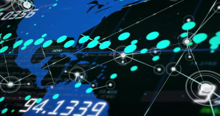 Image of networks and digital data processing over world map. Global connections, computing and data...