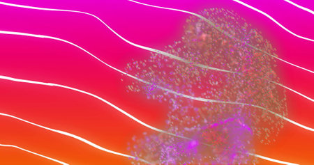 Image of glowing light trails moving over striped pink to orange background. Colour, light and...
