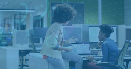 Image of financial data processing over diverse business people in office. Global finance, business,...