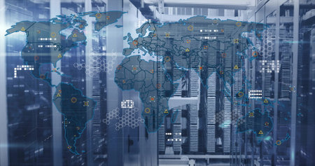 Image of financial data processing over computer servers. Global finance, business, connections,...