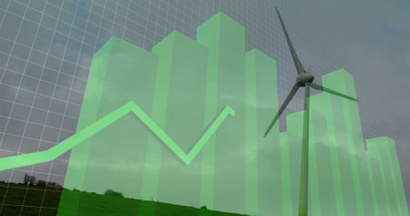 Image of financial data processing over wind turbines. Global wind energy, environment, finance,...