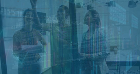 Image of financial data processing over diverse business people in office. Global finance, business,...