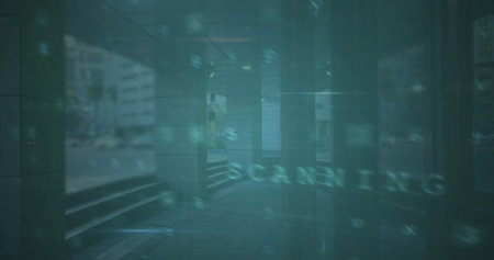 Image of financial data processing over building in city. Global finance, business, connections,...
