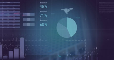 Image of financial data processing over city. Global finance, business, connections, computing and...