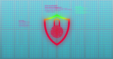 Image of digital biometric padlock icon and data processing over grid. Global connections, computing...