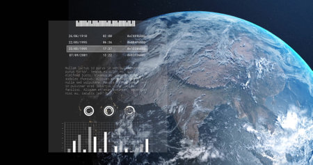 Image of digital data processing over globe on dark background. Global connections, computing and...
