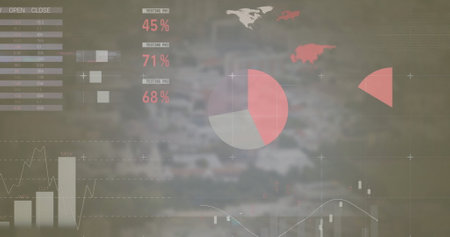 Image of financial data processing over city. Global finance, business, connections, computing and...