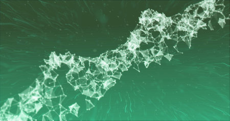 Image of glowing light trails moving over dna strand on green background. Science, colour, light and...