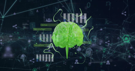 Image of human brain and data processing. Global artificial intelligence, connections, computing and...