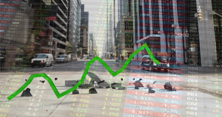 Image of statistics and financial data processing over cityscape. Global finance, business,...