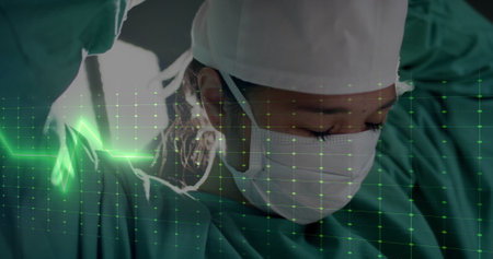 Surgeon preparing for surgery with green heartbeat image over medical grid. Healthcare, preparation, hospital, operation, monitoring, technologyの写真素材