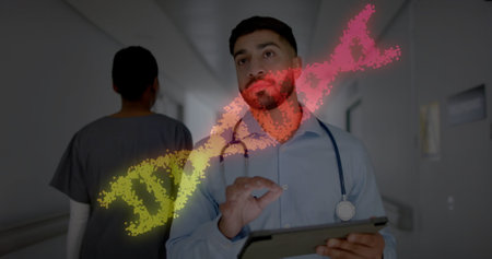 Medical professionals in hospital over dna strand image. healthcare, dna analysis, genetics, discussion, teamwork, researchの写真素材