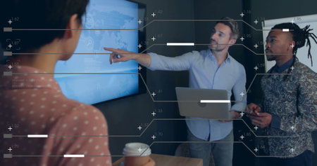 Image of data processing over diverse business people in office. Global finance, business,...