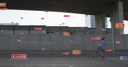 Social media buttons image over person skateboarding in urban area. technology, digital,...