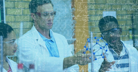 Scientists examining molecular model, mathematical equations image over laboratory scene. Science, research, chemistry, analysis, innovation, experimentの写真素材