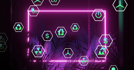Environmental icons image over neon frame and tropical plants. Sustainability, ecology, nature, green, foliage, eco-friendlyの写真素材