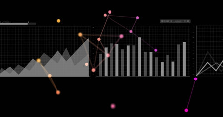 Graph and bar chart image over data points and connections on black background. Data visualization, bar graph, line chart, statistics, analytics, technologyの写真素材