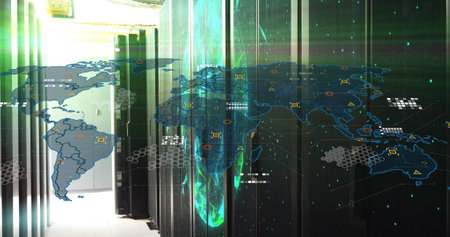 Image of world map and globe over server room. Business, technology and digital interface concept...