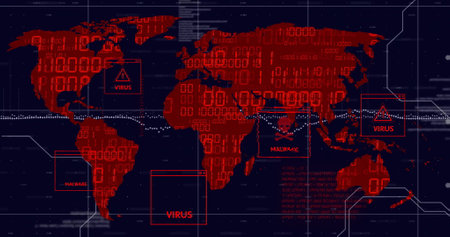 World map with virus and malware warnings, cybersecurity threat image. online security, data breach, hacking, digital protection, antivirus, networkの写真素材
