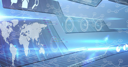 Digital world map and data processing image over futuristic interface. Technology, innovation,...
