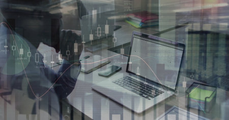Image of financial data processing over african american businessman using computer. Global finance,...