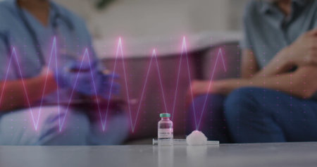 Image of cardiograph over diverse doctor and patient. Global healthcare, medicine, lifestyle and digital interface concept digitally generated image.の写真素材