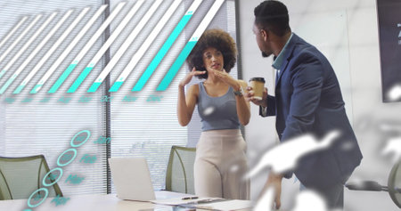 Image of data processing and diagrams over diverse colleagues discussing work in office. Global business and digital interface concept digitally generated image.の写真素材