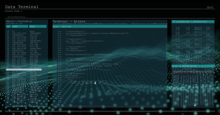 Programming code and data terminal access over digital grid and wave image. Technology, futuristic,...