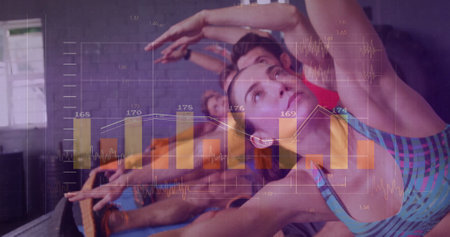 Image of financial data processing over caucasian people exercising in gym. Global sports, active lifestyle, connections, computing and data processing concept digitally generated image.の写真素材