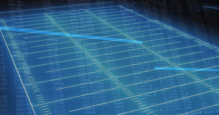 Football field with yard lines and data processing image over blue background. sports, analysis,...