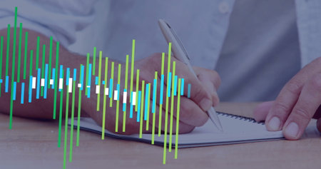 Image of financial data processing over caucasian businessman writing. Global finance, business,...