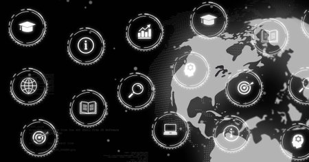 Image of business icons over globe. Global business and digital interface concept digitally generated image.の写真素材