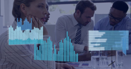 Image of financial data processing over diverse business people in office. Global finance, business,...