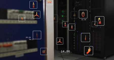 Image of eco icons and digital data processing over computer servers. Global connections, computing...