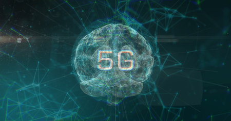 Image of 5g text over brain and shapes moving. Science, technology and digital interface concept...