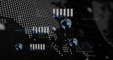 Image of data processing with globe and world map on black background. Global technology, computing and digital interface concept digitally generated image.の写真素材