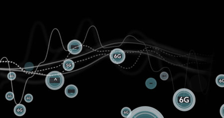 5G and 6G network data processing image over black background with waveforms. Technology, wireless,...