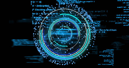 Image of digital data processing over scope scanning on black background. Global connections, computing and data processing concept digitally generated image.の写真素材