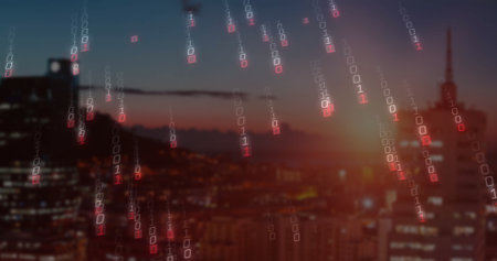 Image of binary coding over cityscape. Global business and digital interface concept digitally generated image.の写真素材