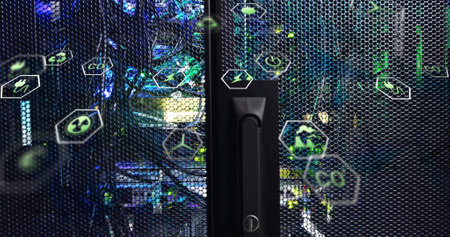 Image of eco icons and digital data processing over computer servers. Global connections, computing...