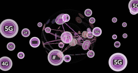 5G network connections and data processing over digital globe image. Technology, connectivity, communication, internet, global, innovationの写真素材