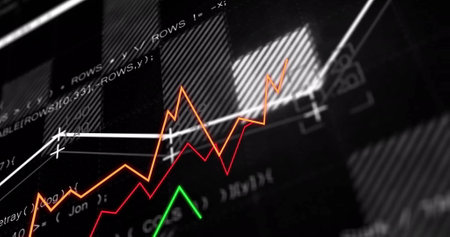 Financial data graphs and coding image over black background. Finance, technology, analysis,...