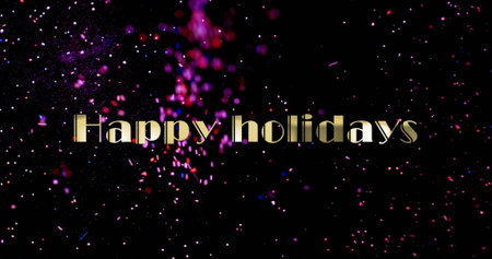 Happy holidays text with colorful confetti image on black background. Celebration, festive, greetings, party, cheerful, joyfulの写真素材